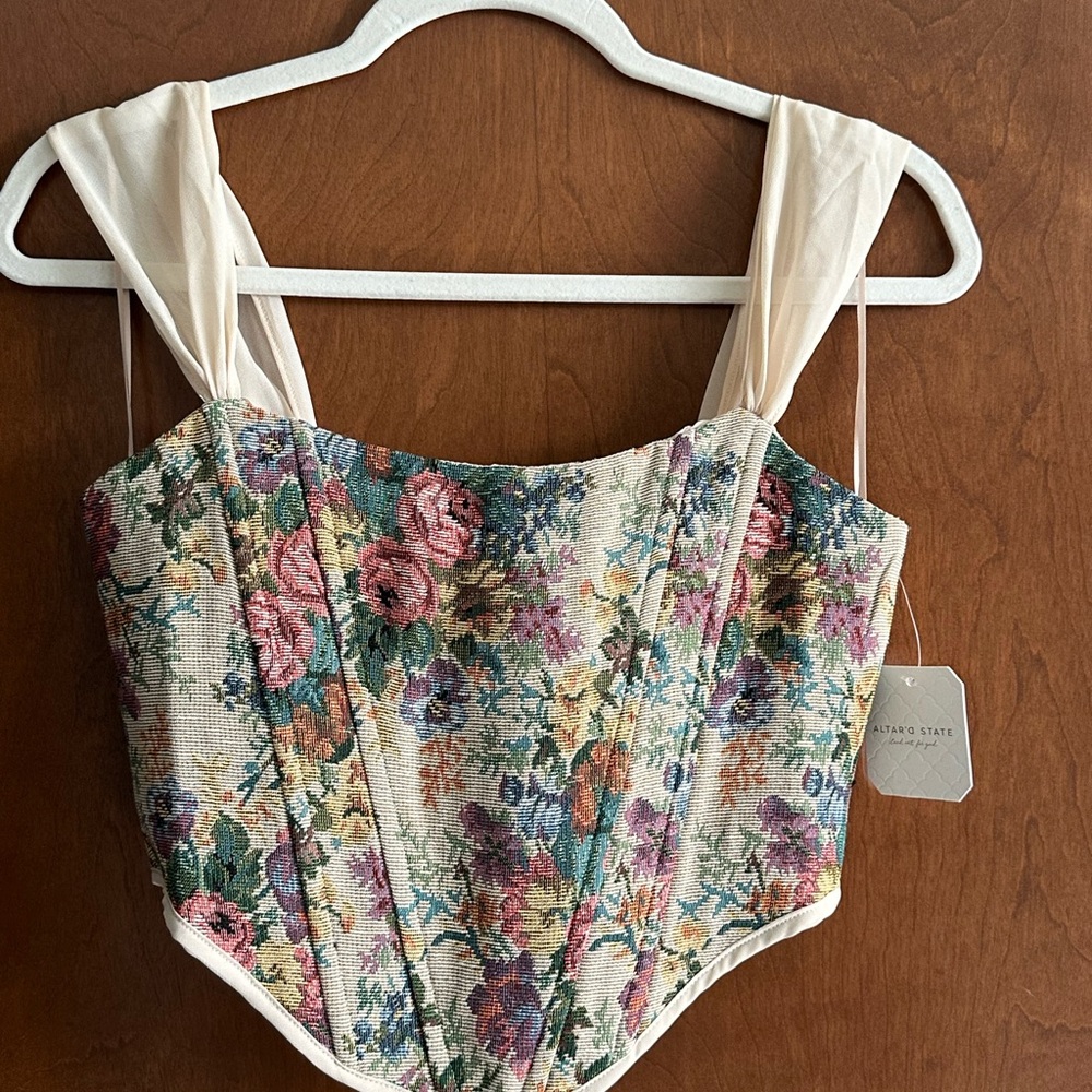 Altar'd State Floral Tapestry Corset Top in Cream